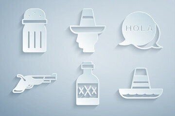 Set Tequila bottle, Hola, Vintage pistols, Mexican sombrero, man and Salt icon. Vector © vector_v