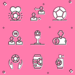 Set Soccer football ball, Substitution player, Football or soccer, Award cup and, Buy, and Beer can icon. Vector