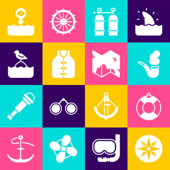 Set Wind rose, Lifebuoy, Smoking pipe, Aqualung, jacket, Seagull sits on, Periscope and Pirate treasure map icon. Vector