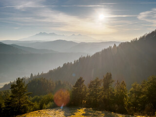 Evening landscape.. The setting sun illuminates the trees. View of the Tatra Mountains from the...