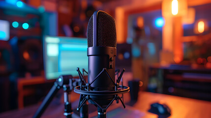 close up of a microphone on a desk in a cozy modern podcast studio room with a laptop pc and other devices and gadgets