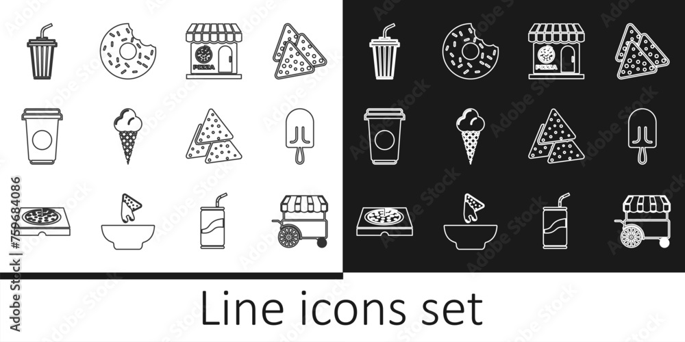 Sticker Set line Fast street food cart, Ice cream, Pizzeria building facade, waffle cone, Coffee cup, Glass with water, Nachos and Donut icon. Vector