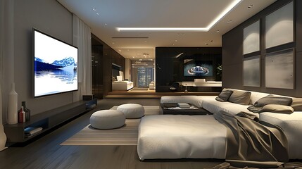 Modern style large bedroom with a wall-mounted TV and a lounge area furnished with a sectional sofa and ottomans - obrazy, fototapety, plakaty