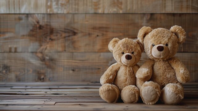 A wooden background with two teddy bears seated on it along with a space for writing or a product with top view, Generative AI.