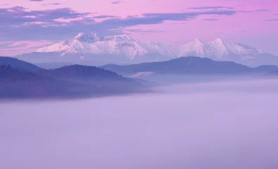 Papier Peint photo Tatras Landscape in the morning. There is fog in the valley. View of the Tatra Mountains from the Pieniny Mountain Range. Slovakia.