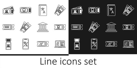 Set line Laptop with ticket, Bus, Translator book, Airline, Ticket, Museum, building and icon. Vector