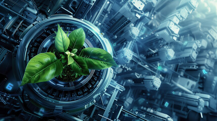 Sustainable plants thrive amidst digital infrastructure in a harmonious blend of nature and technology. The integration of sustainable practices with advanced digital technologies. Generative AI.