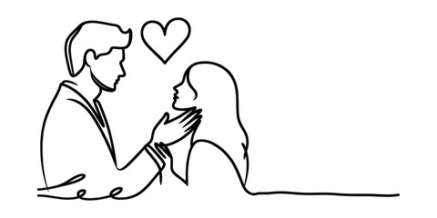 Love of man and woman, one continuous line simple minimalist design for couple in love, vector set of drawings on transparent background for wedding celebration.