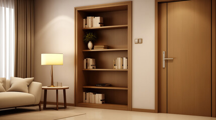 Fototapeta na wymiar Minimalist Living Space with Beige Walls and Elegant Bookshelf Design