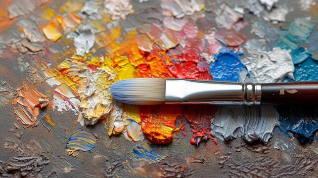 Assorted paintbrushes on top of colorful palette with one paintbrush resting on top