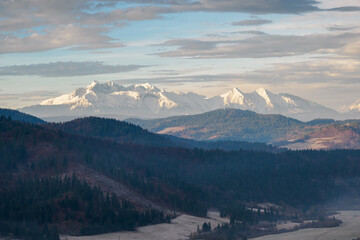 Landscape in the morning. View of the Tatra Mountains from the Pieniny Mountain Range. Slovakia.