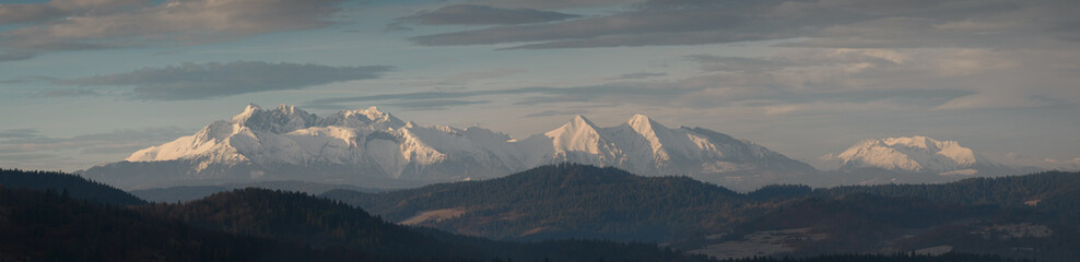 Landscape in the morning. View of the Tatra Mountains from the Pieniny Mountain Range. Slovakia.