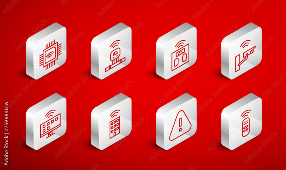 Poster set line smart remote control, sensor, bathroom scales, security camera, exclamation mark in triangl
