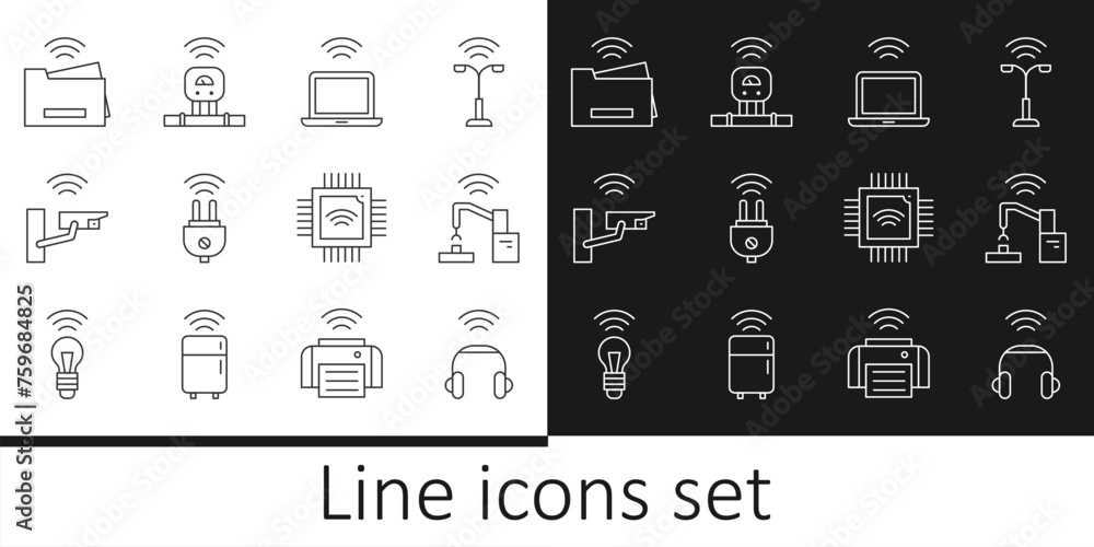 Poster set line smart headphones, robotic robot arm hand factory, wireless laptop, electric plug, security 