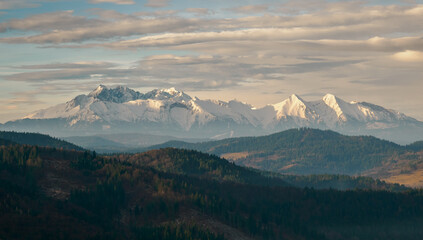 Mountain Landscape in the morning. View of the Tatra Mountains from the Pieniny Mountain Range. Slovakia.