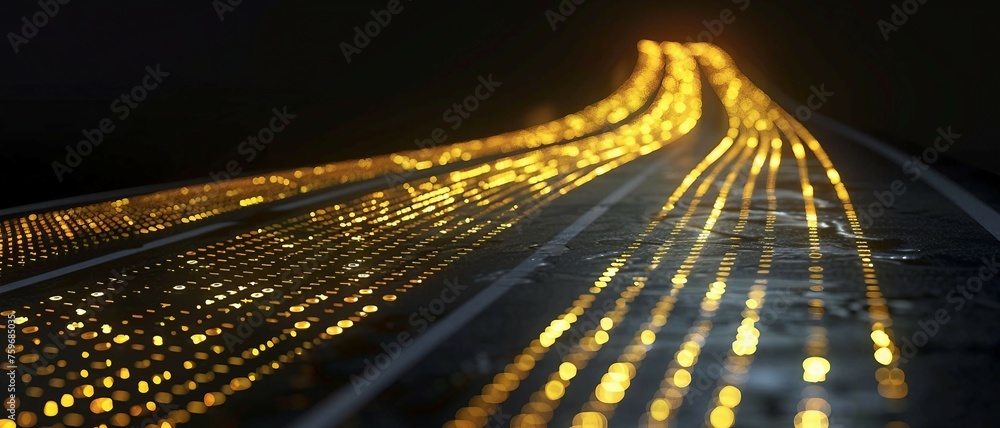 Poster digital road illuminated by yellow matrix of binary code. digital winding road isolated on black bac