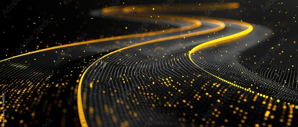 Aufkleber digital road illuminated by yellow matrix of binary code. digital winding road isolated on black bac