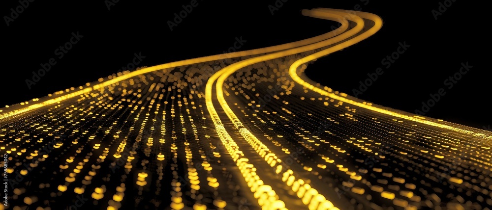 Poster digital road illuminated by yellow matrix of binary code. digital winding road isolated on black bac
