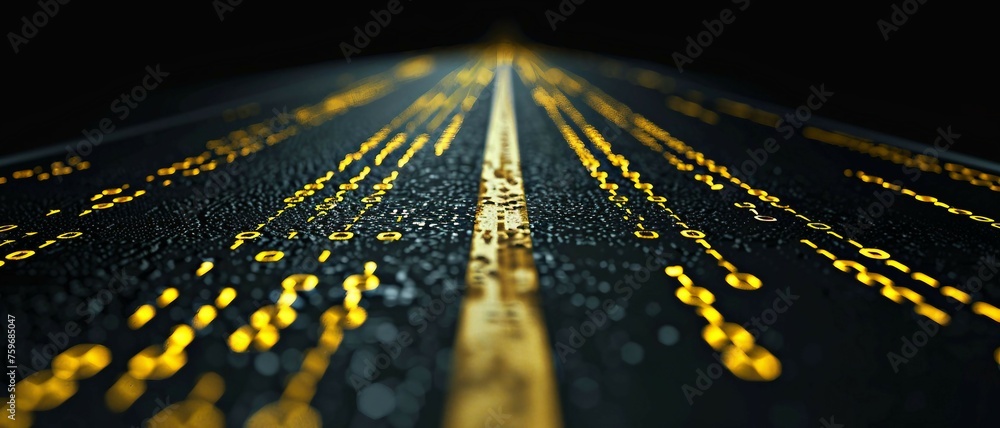 Wall mural digital road illuminated by yellow matrix of binary code. digital winding road isolated on black background.
