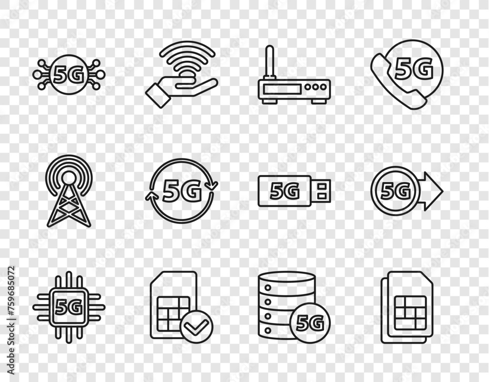 Poster set line processor 5g, sim card, router and wi-fi signal, network, server and icon. vector