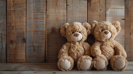 A wooden background with two teddy bears seated on it along with a space for writing or a product with top view, Generative AI.