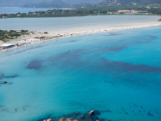Fototapeta premium Villasimus, Sardegna. Amazing aerial view of the bay of the beach Porto Giunco, Time Ama, Serr'e Morus. Sea of Sardinia one of the most beautiful in Italy. Summer time