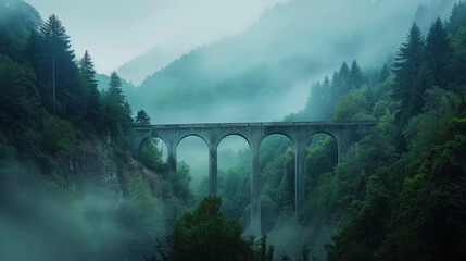 Green foggy mountains, river, very high arch retro bridge. Architecture and nature. Mystery...