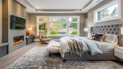 Modern style large bedroom incorporating a built-in fireplace with a reading nook furnished with a comfortable armchair and a floor lamp - obrazy, fototapety, plakaty