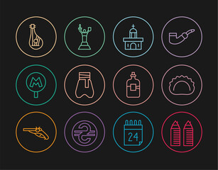 Set line Two towers in Dnipro, Dumplings, Church building, Cossack pants, Metro or Underground, Bandura, Bottle of vodka and Mother Motherland monument icon. Vector