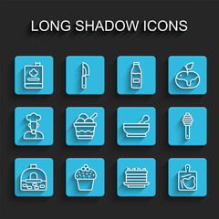 Set line Brick stove, Cake, Cookbook, Cutting board, Ice cream bowl, Honey dipper stick and Mortar and pestle icon. Vector