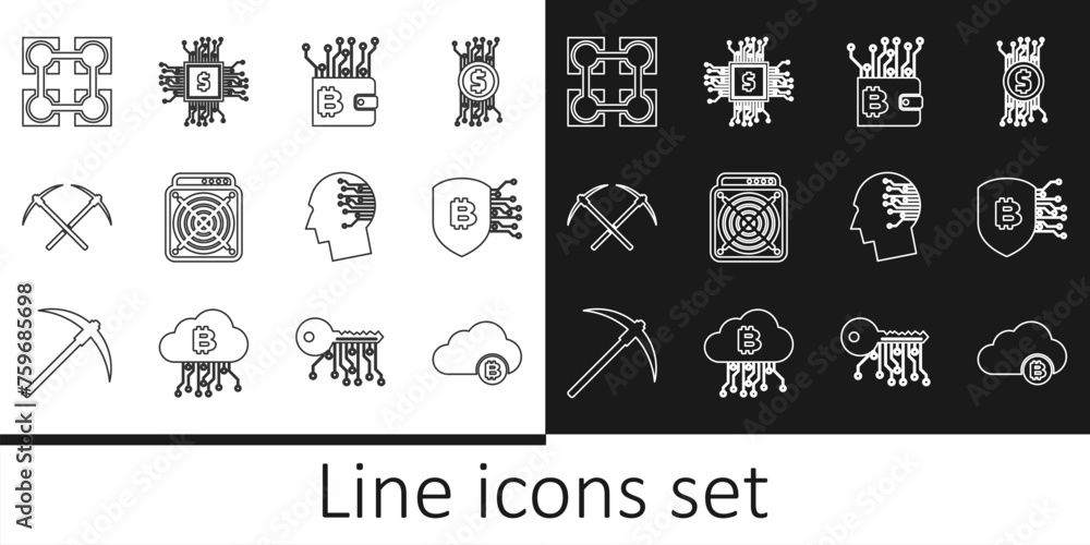 Poster set line cryptocurrency cloud mining, shield with bitcoin, wallet, asic miner, crossed pickaxe, bloc