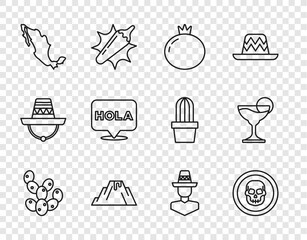 Set line Cactus, Mexican skull coin, Tomato, Volcano eruption with lava, Map of mexican, Hola, man sombrero and Margarita cocktail icon. Vector © vector_v