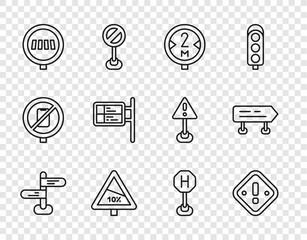 Set line Road traffic sign, Exclamation mark in triangle, Steep ascent and descent road, Pedestrian crosswalk, ublic transport board, Hospital and icon. Vector