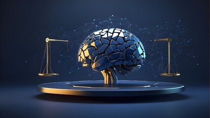 Concept of artificial intelligence laws and regulations in a futuristic, bright, low polygonal style with dark blue background and symbols of a brain and a scale. - obrazy, fototapety, plakaty