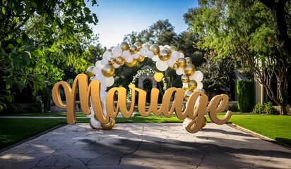 texte mariage avec arche de ballons blancs et dorés dans un jardin - mélange IA et 3D - obrazy, fototapety, plakaty