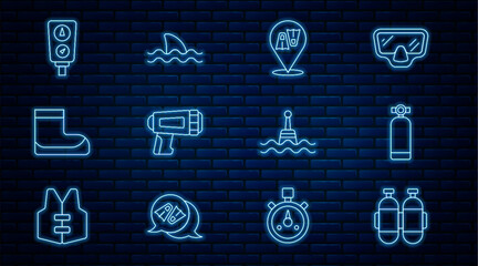 Set line Aqualung, Flippers for swimming, Flashlight diver, Boots, Gauge scale, Floating buoy and Shark icon. Vector