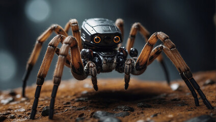Roboter in Form einer Spinne krabbelt auf dem Boden mit leuchtenden Spinnenaugen - obrazy, fototapety, plakaty