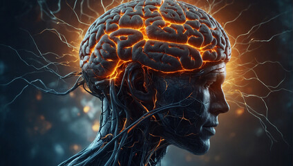 Veranschaulichung der neuronalen Prozesse im menschlichen Gehirn beim Denken - obrazy, fototapety, plakaty