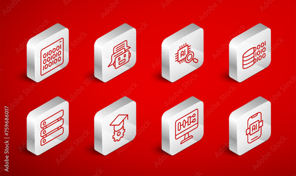Poster Set line Artificial intelligence AI, Chat bot, Processor CPU, Binary code, Algorithm, Graduation cap and Server, Data icon. Vector