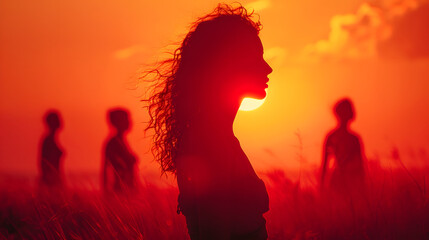 silhouette of a person in a red background at sunset, International woman day concept