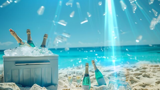 An ice bucket filled with broken ice and bear-shaped bottles rests on the sandy shoreline under a bright and blue sky, Generative AI.