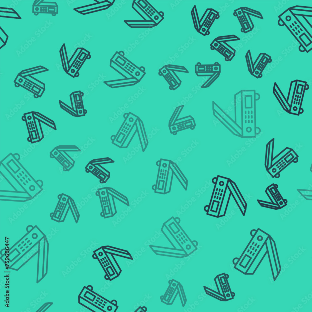 Poster black line scanner icon isolated seamless pattern on green background. scan document, paper copy, pr