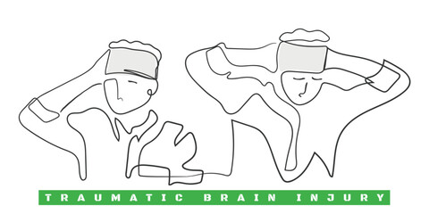 Hand drawn line art depicting Brain Injury. Traumatic Brain Injury Awareness flashcard. Concussion and Brain structure damage.