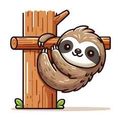 Cute sloth hanging on wood tree cartoon vector icon illustration