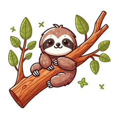 Naklejka premium Cute sloth hanging on wood tree cartoon vector icon illustration