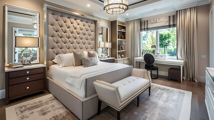 Modern style large bedroom featuring a wall-to-wall upholstered headboard and a makeup vanity with a Hollywood-style mirror