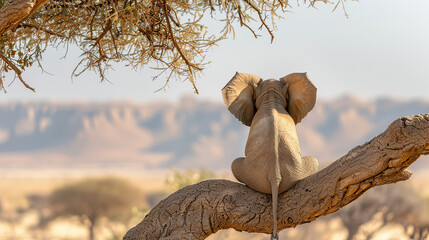 elephant portrait rear view sitting on a tree branch, cards, banners, posters, wildlife	
