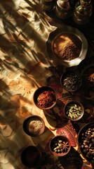 Fototapeta na wymiar A tantalizing arrangments of spices adorns the tabletop, casting entricate shadows against a backdrop of abstract hues.