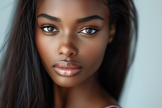 An attractive and dark-skinned woman with black hair and minimal makeup against a grey background, Generative AI.