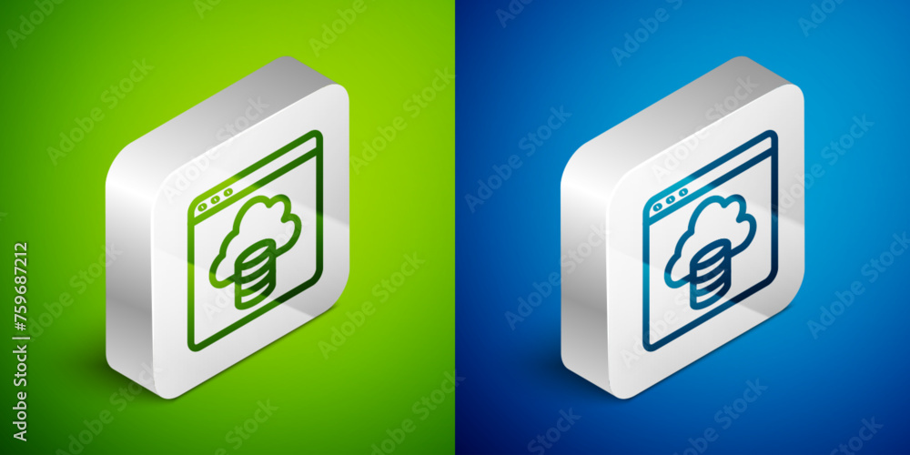 Poster isometric line cloud technology data transfer and storage icon isolated on green and blue background
